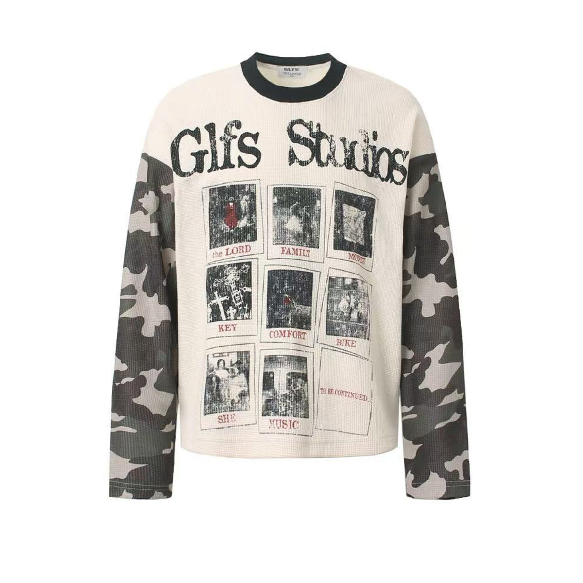 Camo Spliced Vintage Print Waffle Knit Long Sleeve - OMYGOODS