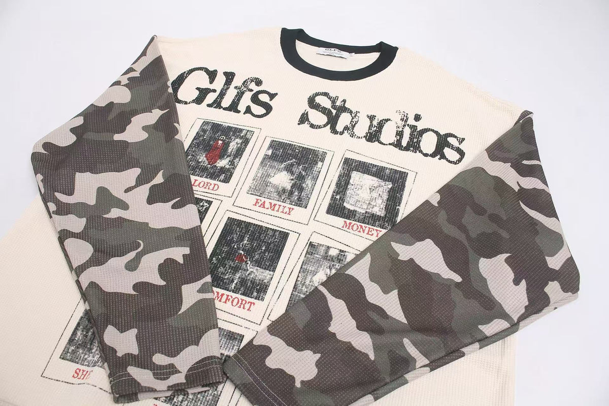 Camo Spliced Vintage Print Waffle Knit Long Sleeve - OMYGOODS