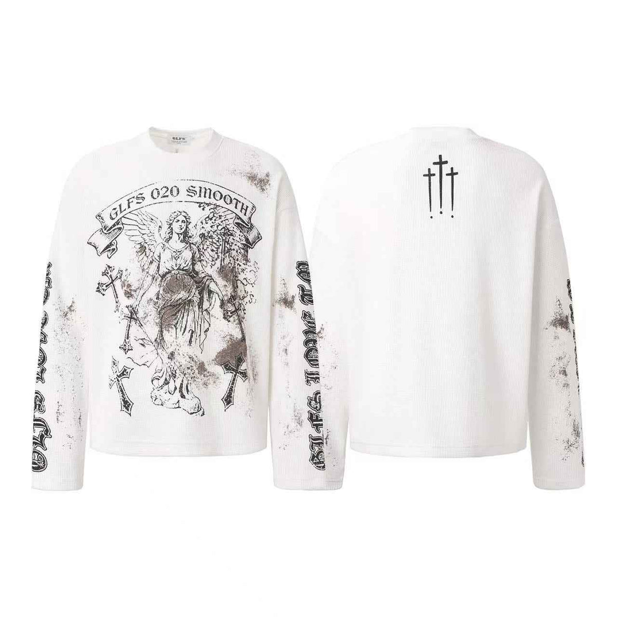 Dirty-Wash Cross Goddess Print Waffle Knit Long Sleeve