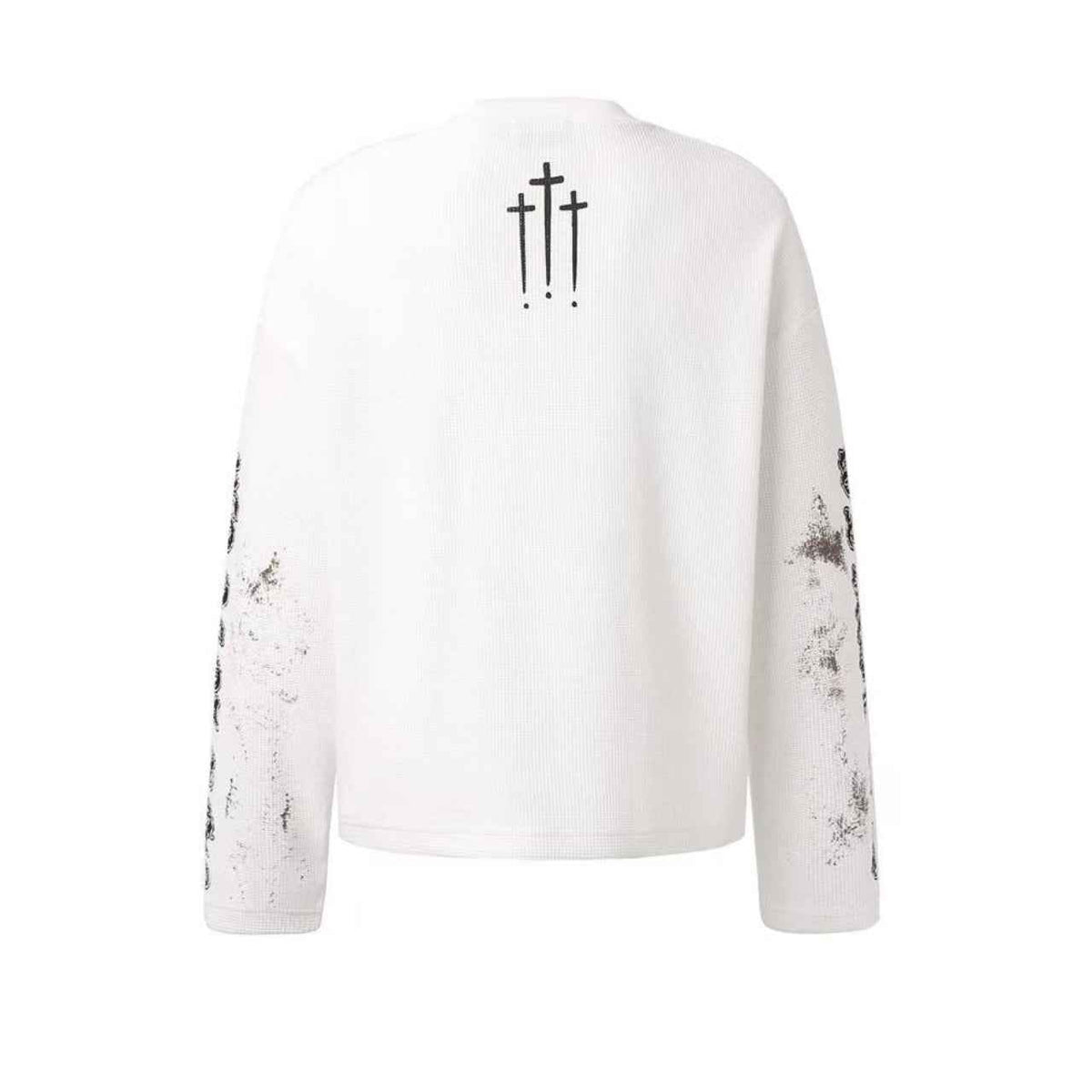Dirty-Wash Cross Goddess Print Waffle Knit Long Sleeve