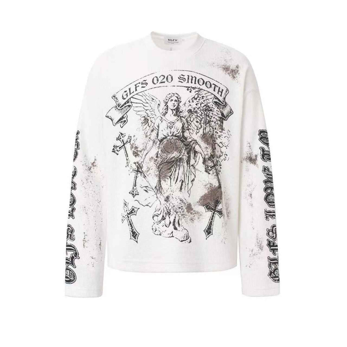Dirty-Wash Cross Goddess Print Waffle Knit Long Sleeve
