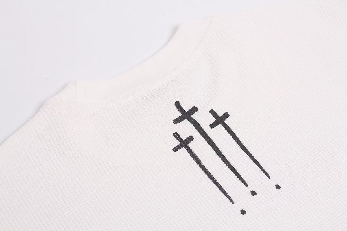Dirty-Wash Cross Goddess Print Waffle Knit Long Sleeve - OMYGOODS