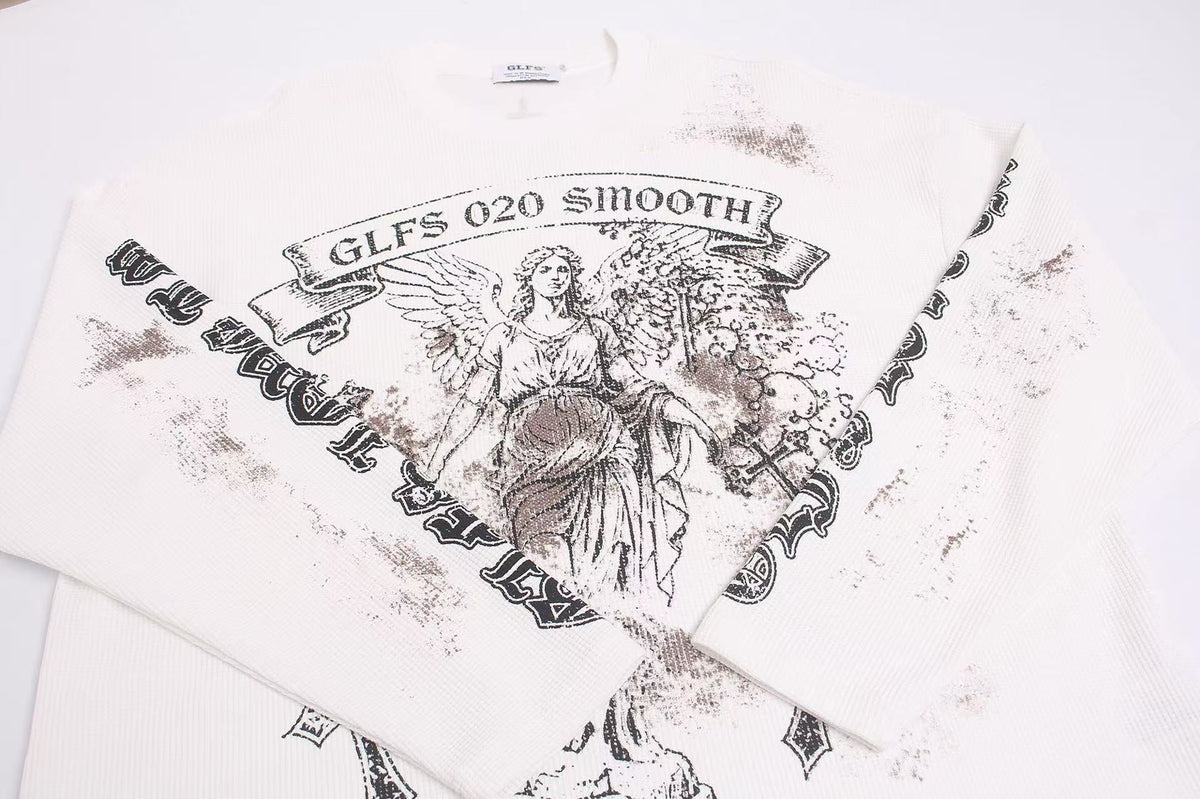 Dirty-Wash Cross Goddess Print Waffle Knit Long Sleeve - OMYGOODS