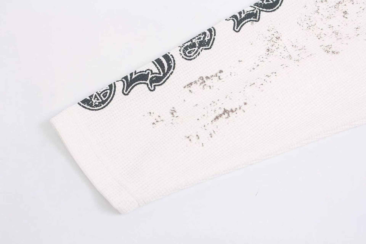 Dirty-Wash Cross Goddess Print Waffle Knit Long Sleeve