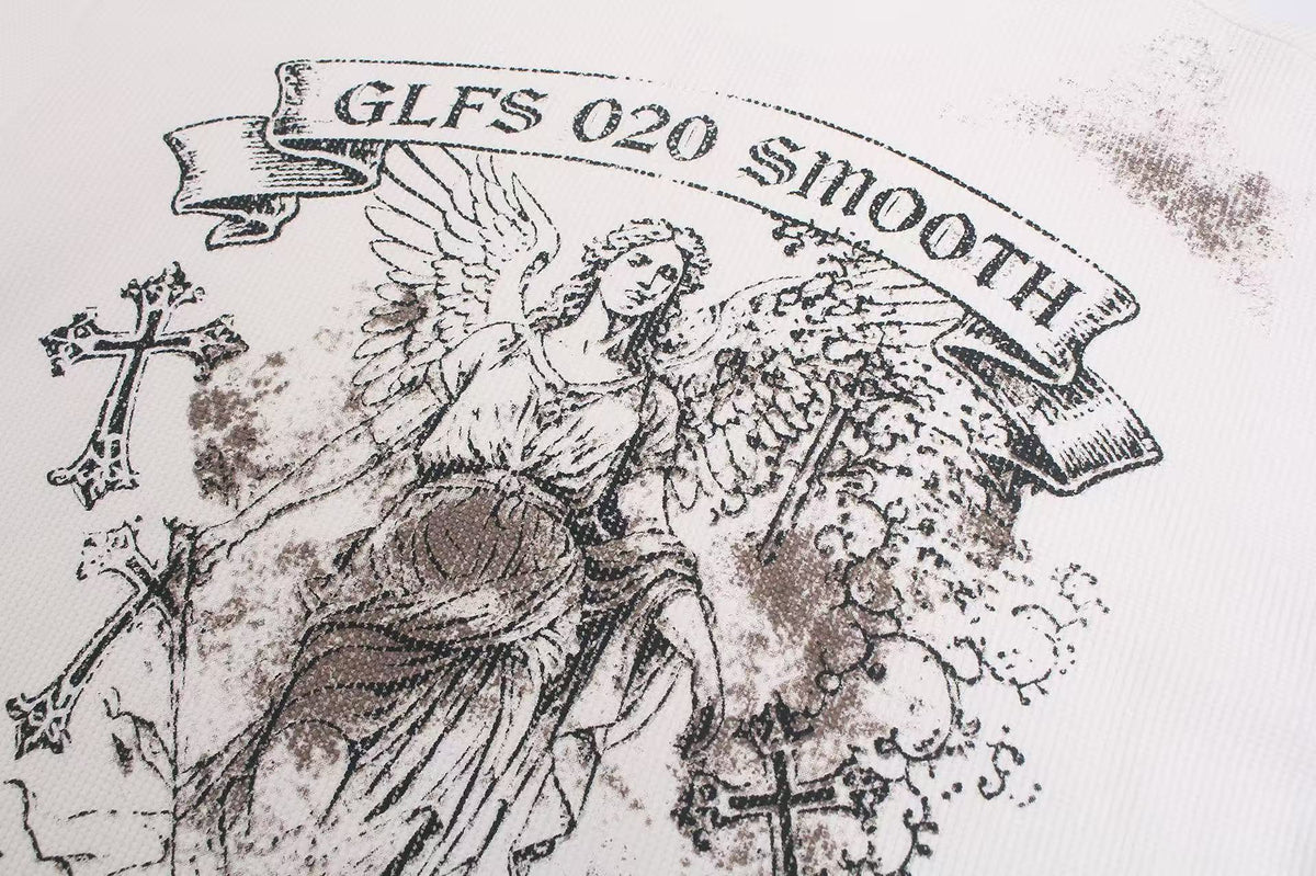 Dirty-Wash Cross Goddess Print Waffle Knit Long Sleeve - OMYGOODS