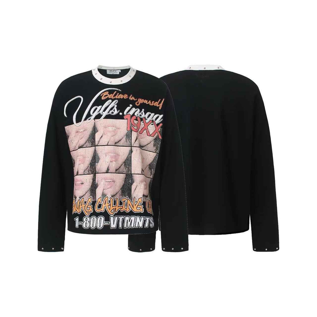 Rivet Collar Portrait Print Waffle Knit Long Sleeve
