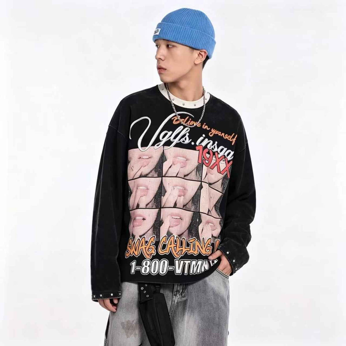 Rivet Collar Portrait Print Waffle Knit Long Sleeve