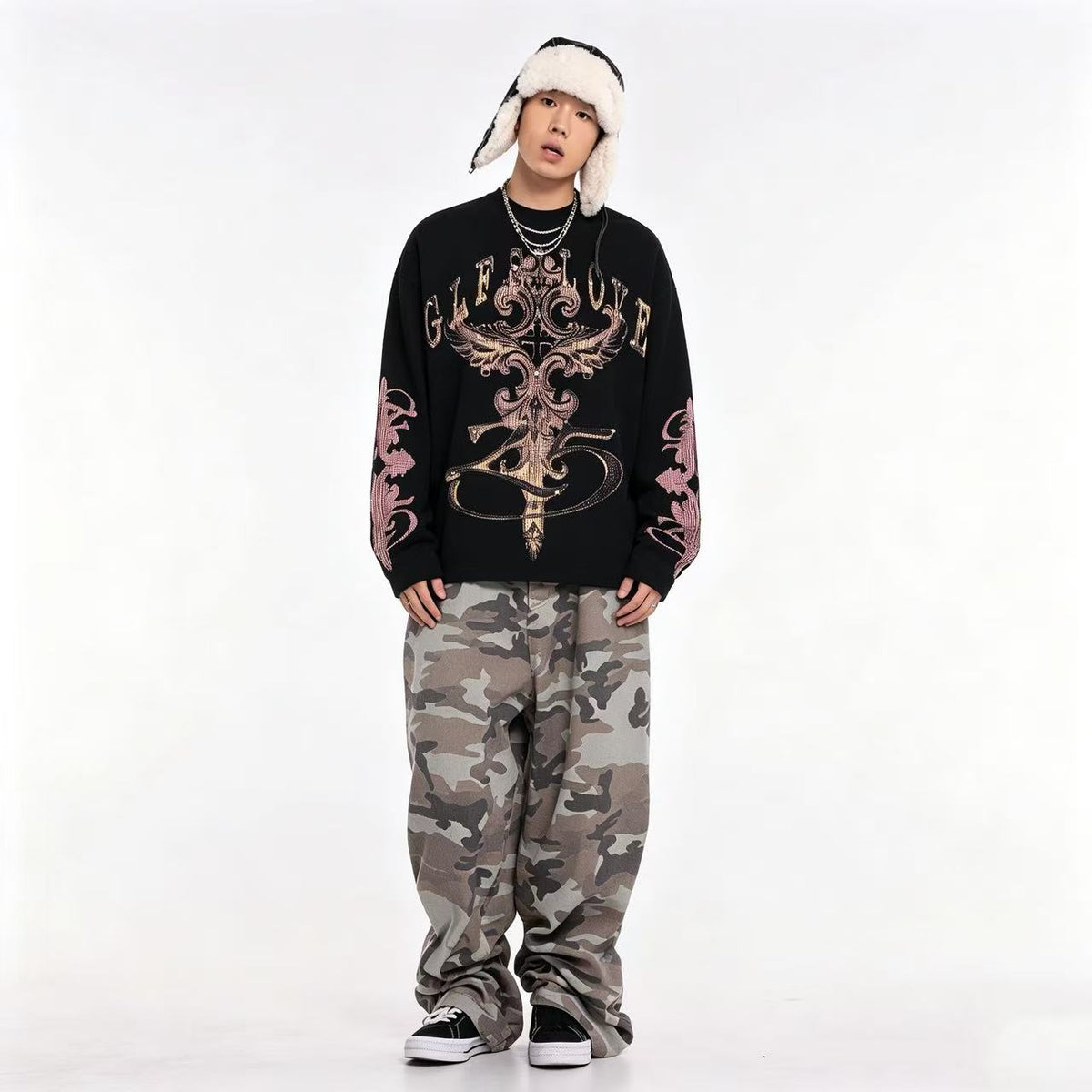 Studded Cross Print Waffle Knit Long Sleeve - OMYGOODS