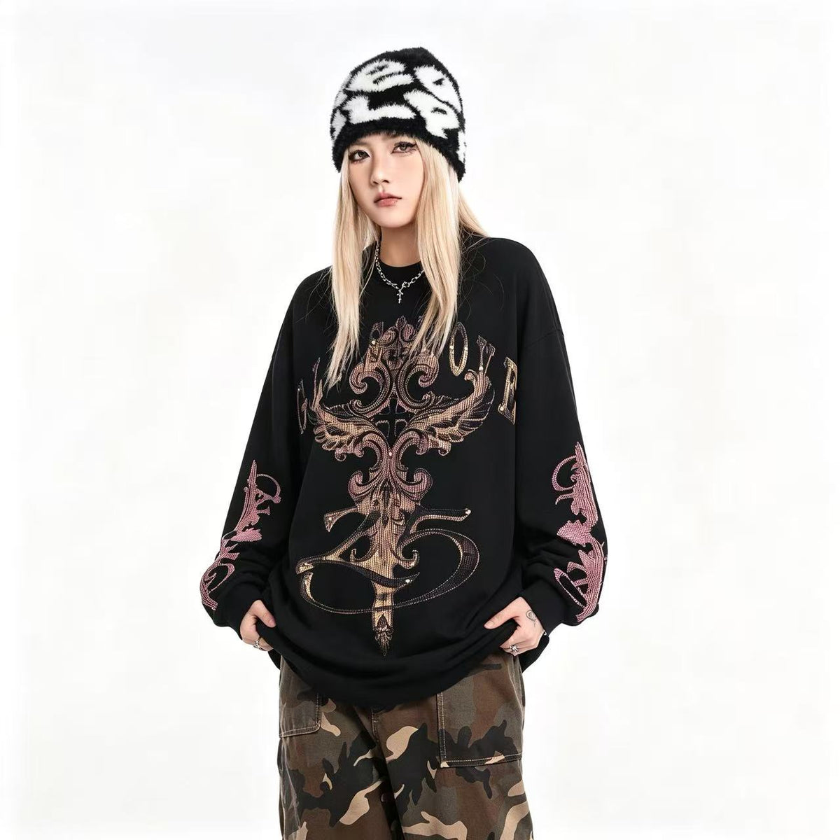 Studded Cross Print Waffle Knit Long Sleeve - OMYGOODS