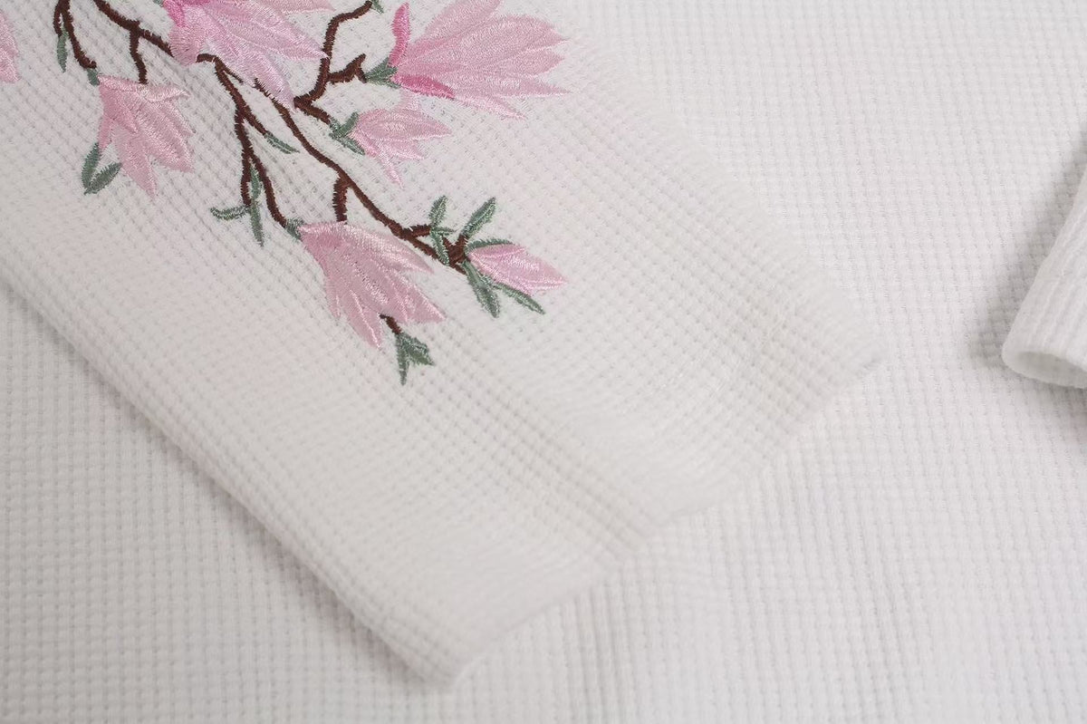 Floral Embroidery Print Waffle Knit Long Sleeve - OMYGOODS