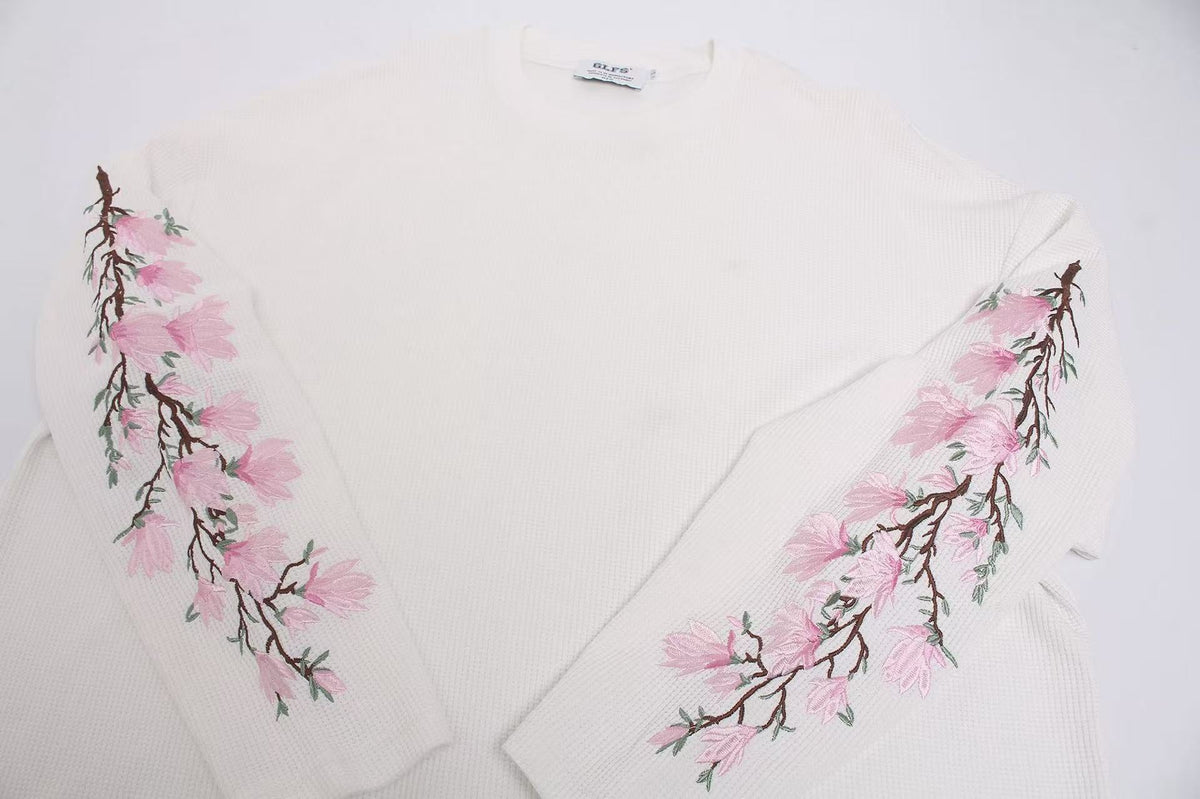 Floral Embroidery Print Waffle Knit Long Sleeve - OMYGOODS