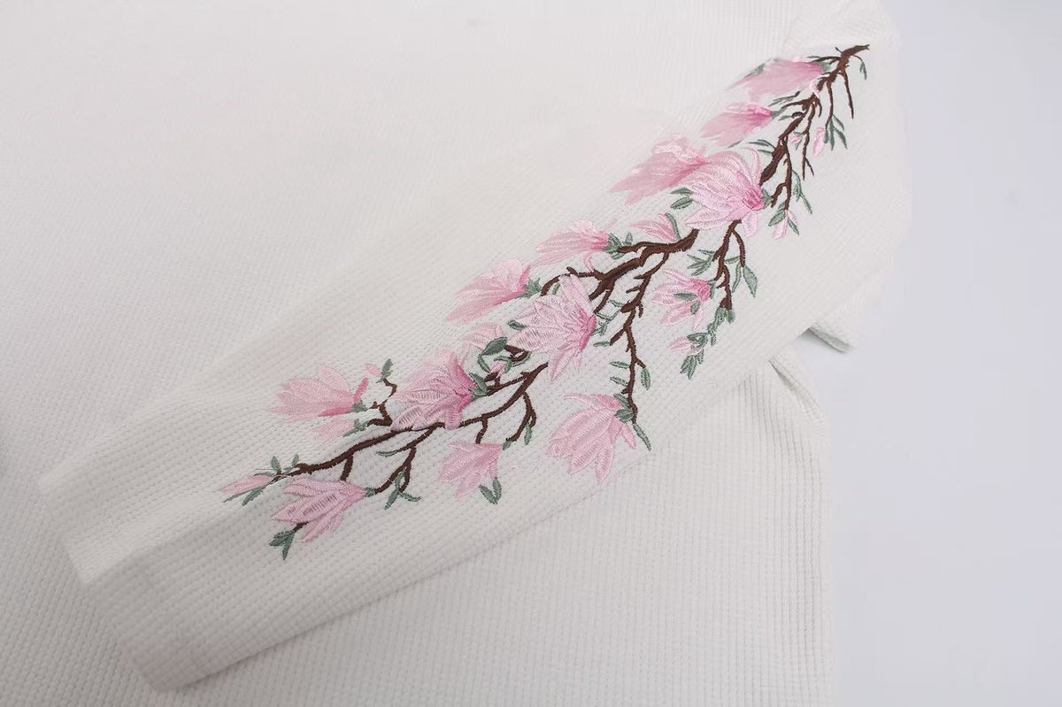 Floral Embroidery Print Waffle Knit Long Sleeve - OMYGOODS