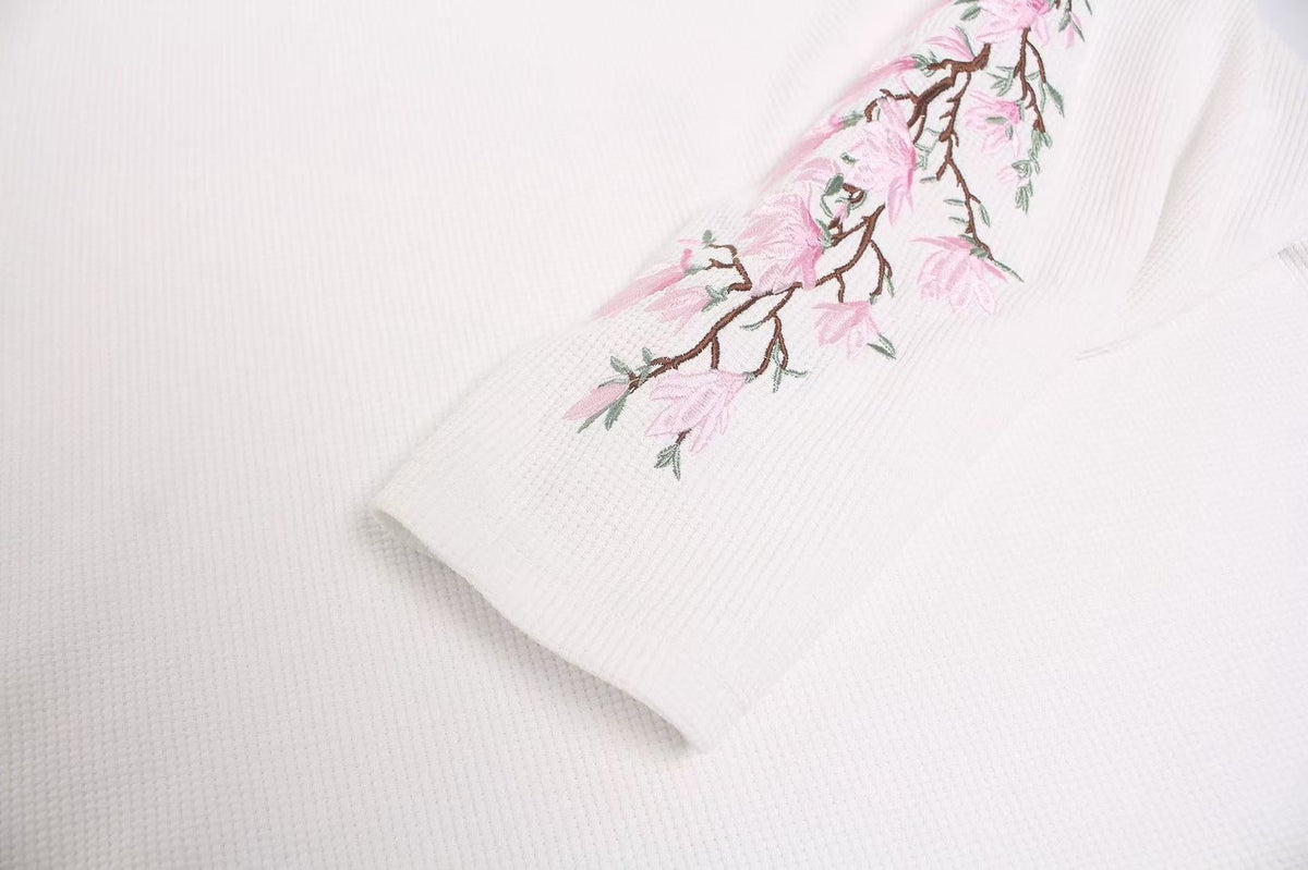 Floral Embroidery Print Waffle Knit Long Sleeve - OMYGOODS