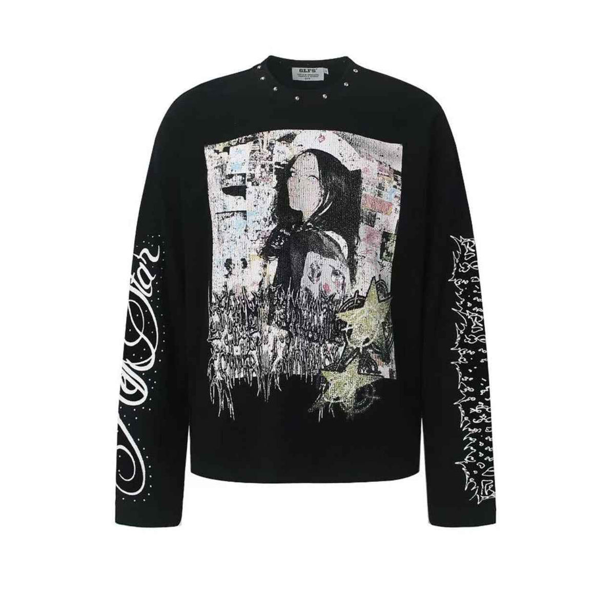 Studded Grunge Collage Portrait Print Waffle Knit Long Sleeve