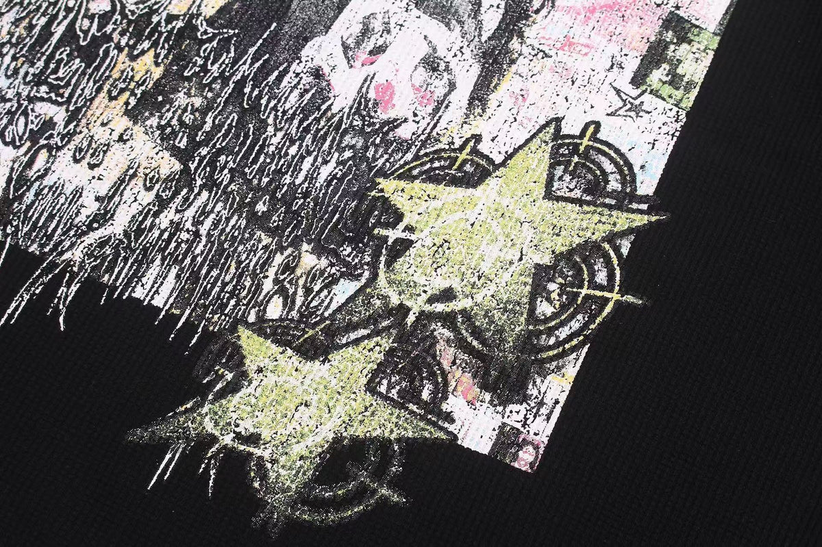 Studded Grunge Collage Portrait Print Waffle Knit Long Sleeve - OMYGOODS