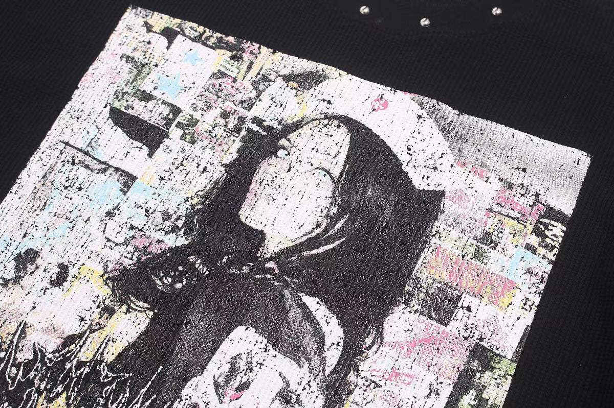 Studded Grunge Collage Portrait Print Waffle Knit Long Sleeve - OMYGOODS