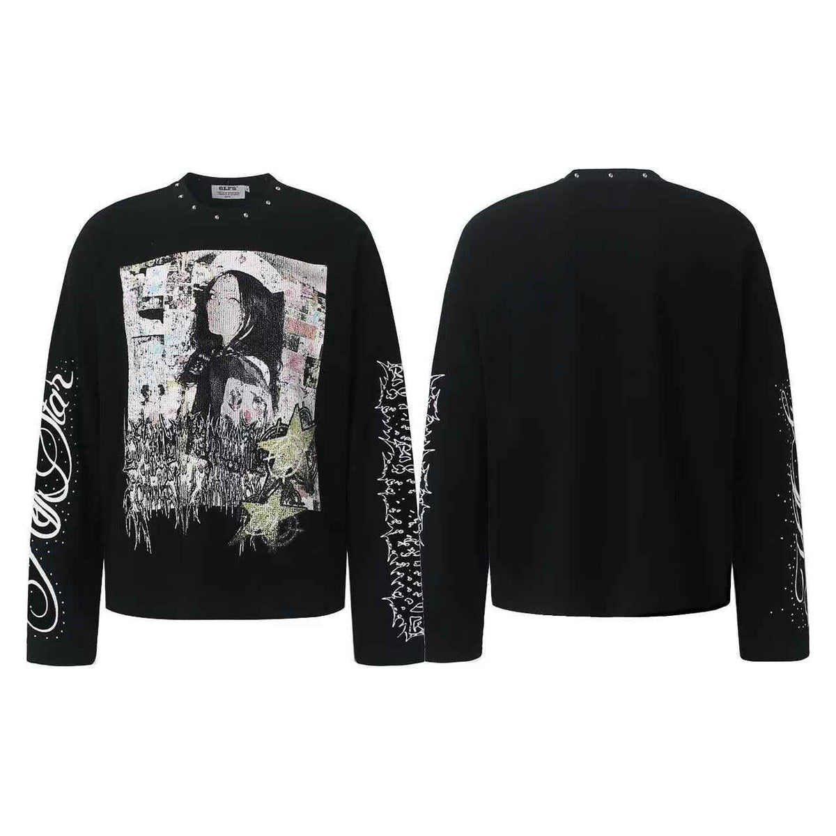 Studded Grunge Collage Portrait Print Waffle Knit Long Sleeve