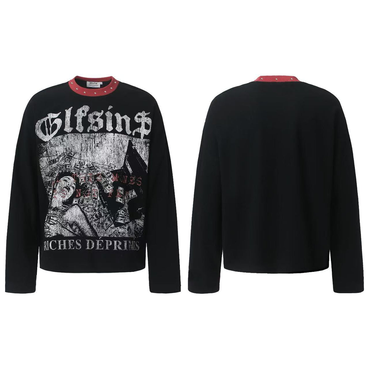 Rivet Contrast Collar Gothic Print Waffle Knit Long Sleeve - OMYGOODS