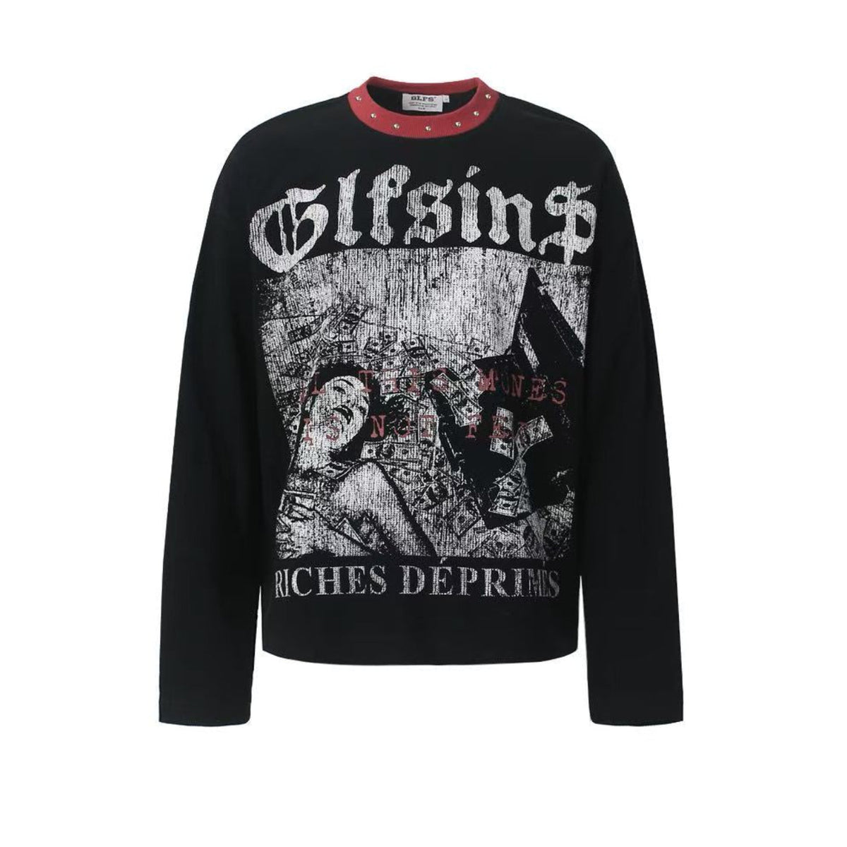 Rivet Contrast Collar Gothic Print Waffle Knit Long Sleeve - OMYGOODS