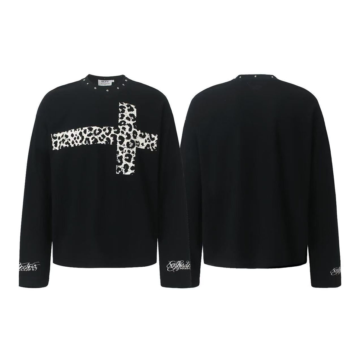 Studded Collar Leopard-Print Cross Waffle Knit Long Sleeve - OMYGOODS