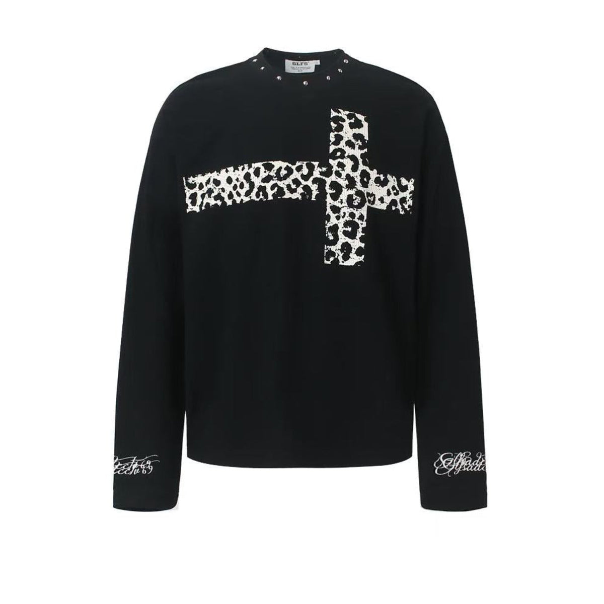 Studded Collar Leopard-Print Cross Waffle Knit Long Sleeve - OMYGOODS