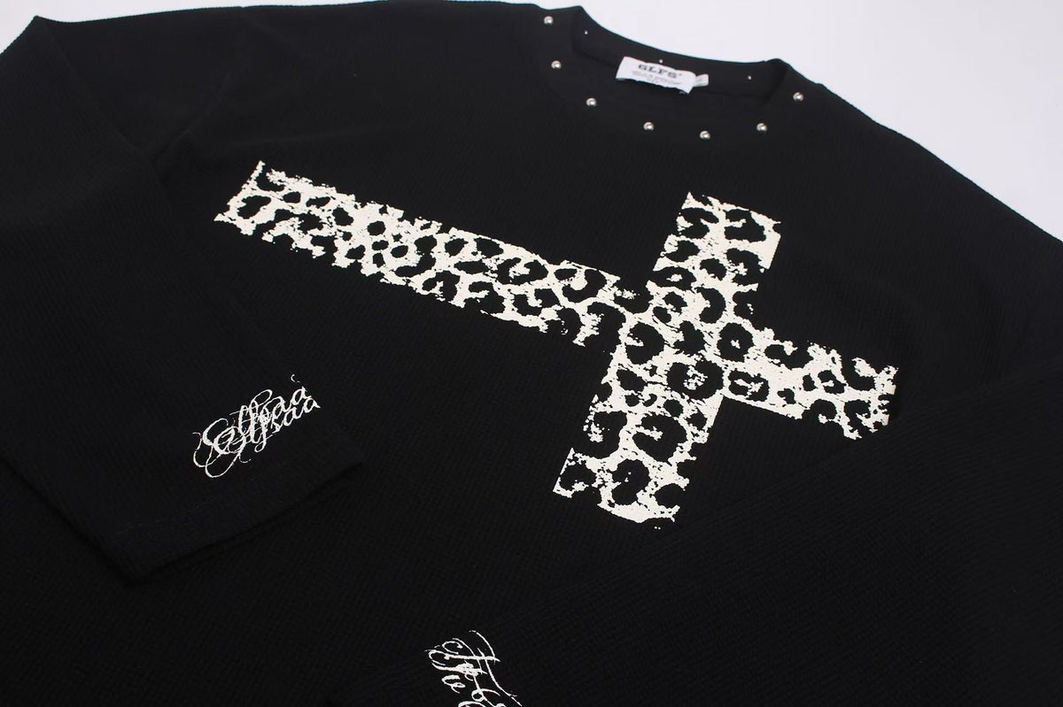 Studded Collar Leopard-Print Cross Waffle Knit Long Sleeve - OMYGOODS