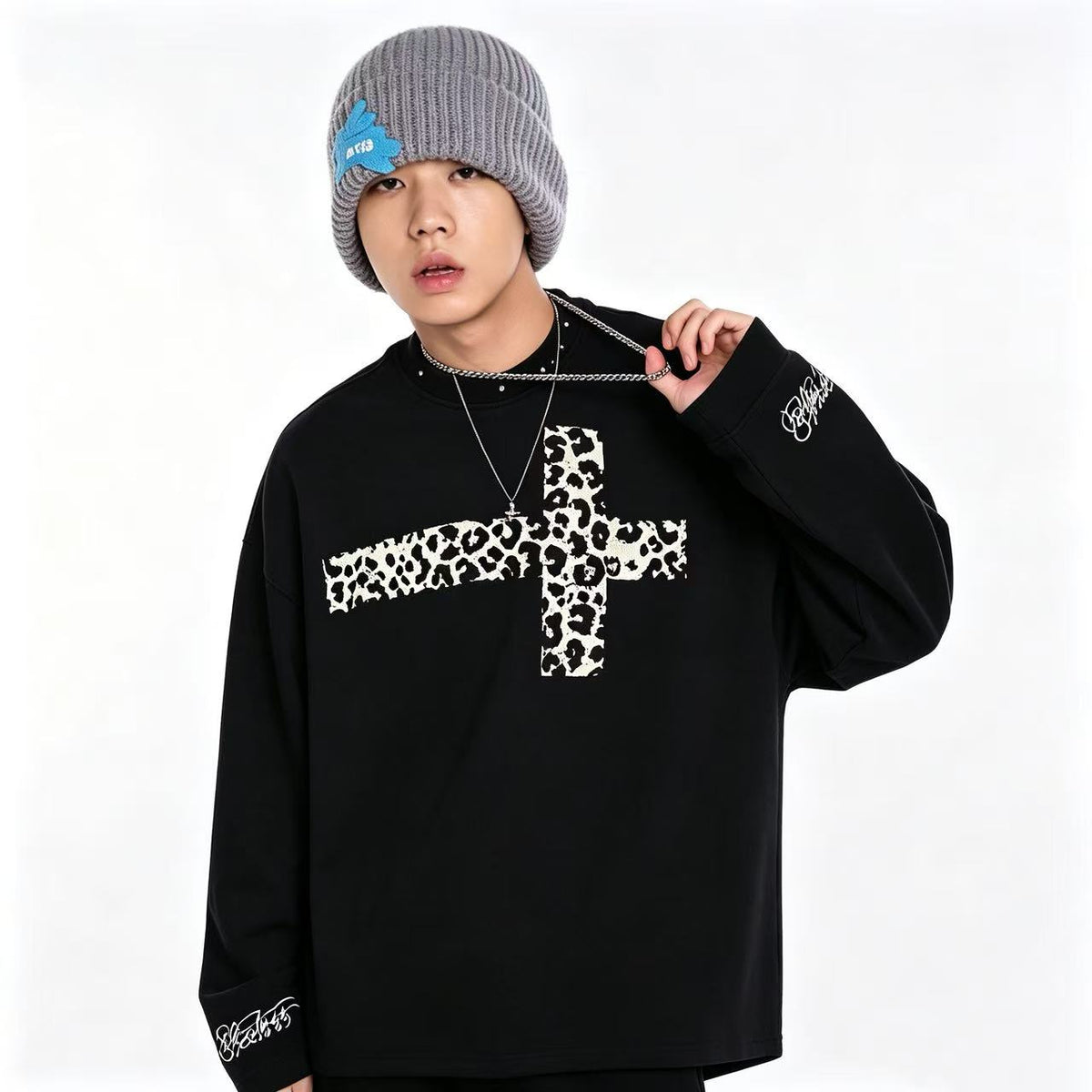 Studded Collar Leopard-Print Cross Waffle Knit Long Sleeve - OMYGOODS