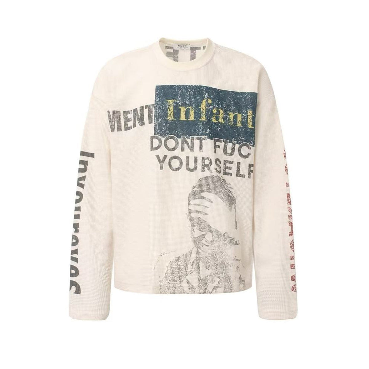 Streetwear Vintage Print Waffle Knit Long Sleeve - OMYGOODS