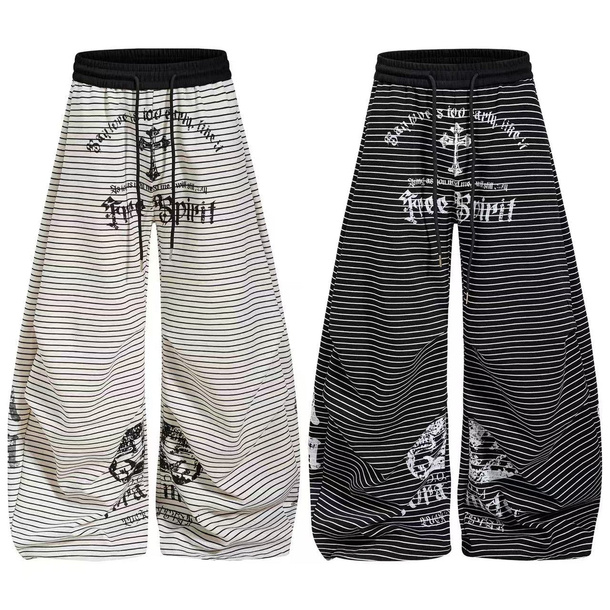 Striped Gothic Script Print Wide-Leg Sweatpants - OMYGOODS