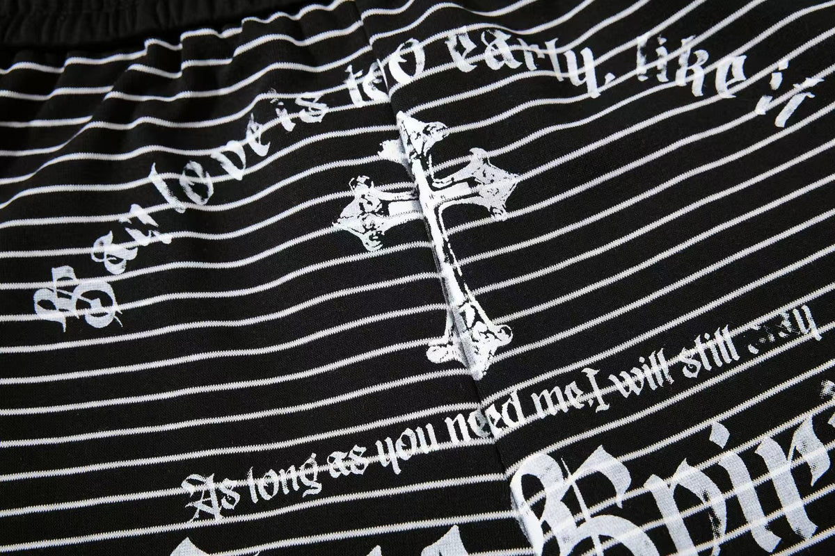 Striped Gothic Script Print Wide-Leg Sweatpants - OMYGOODS