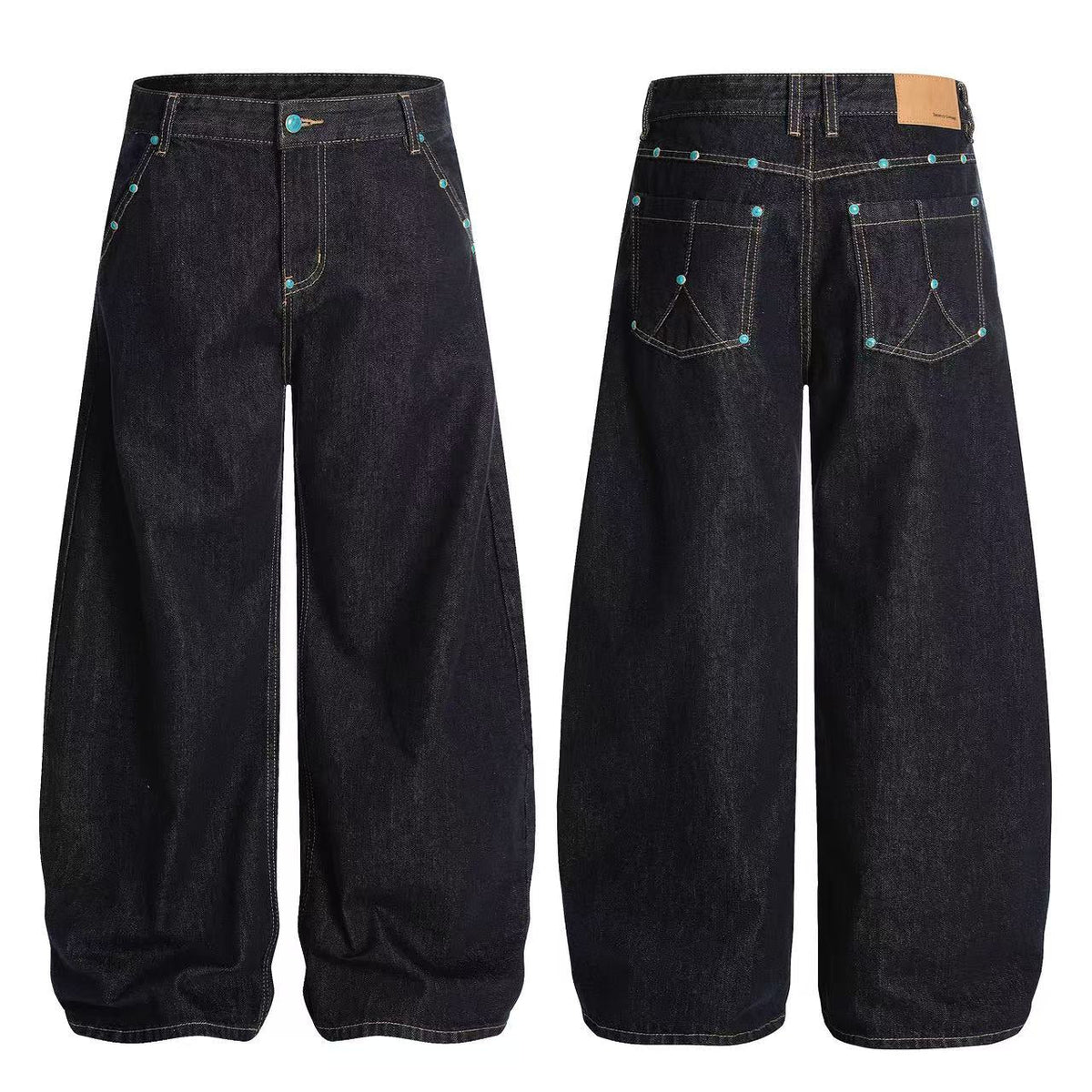 Turquoise-Stud Wide-Leg Baggy Jeans - OMYGOODS