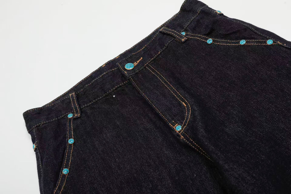 Turquoise-Stud Wide-Leg Baggy Jeans - OMYGOODS