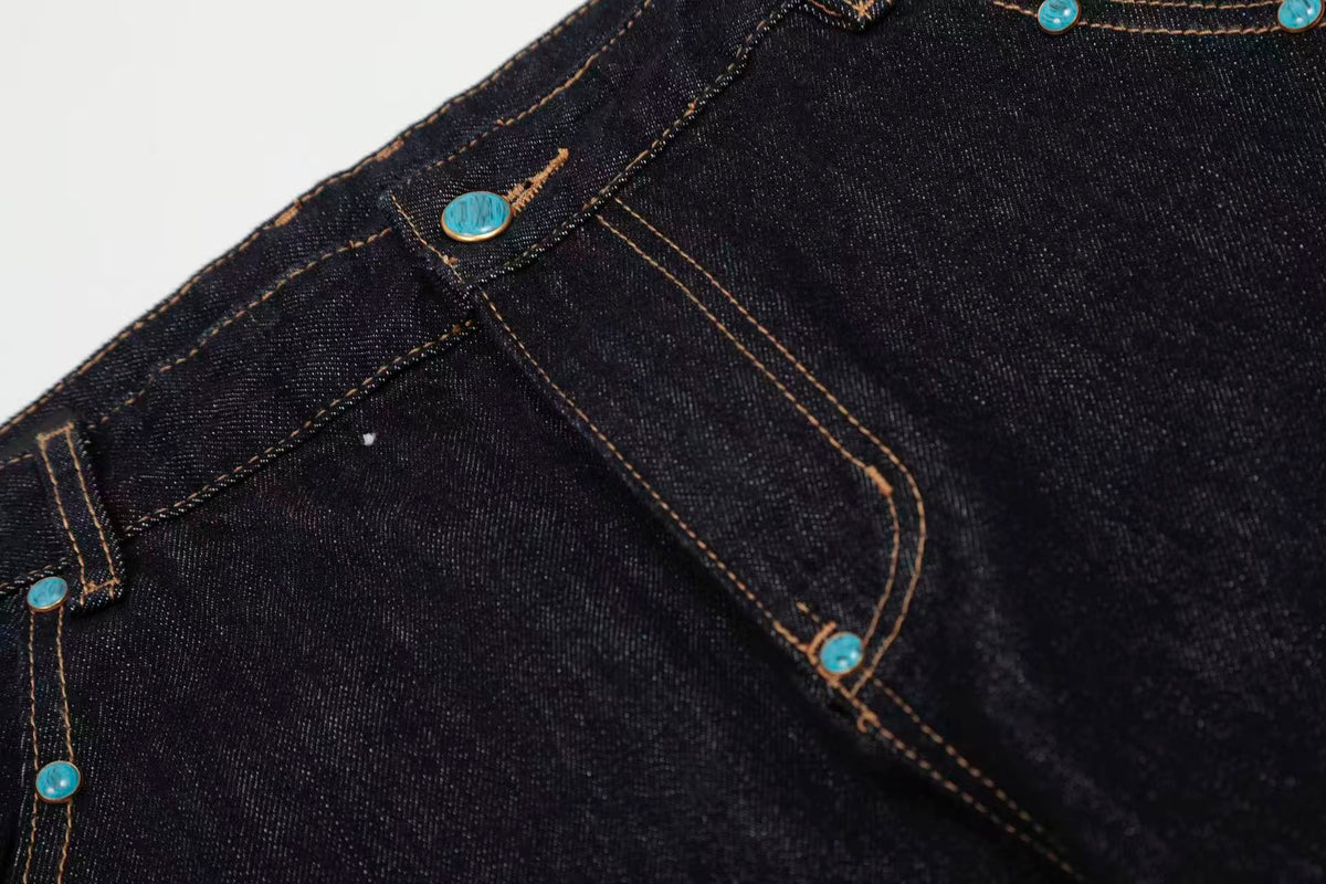 Turquoise-Stud Wide-Leg Baggy Jeans - OMYGOODS