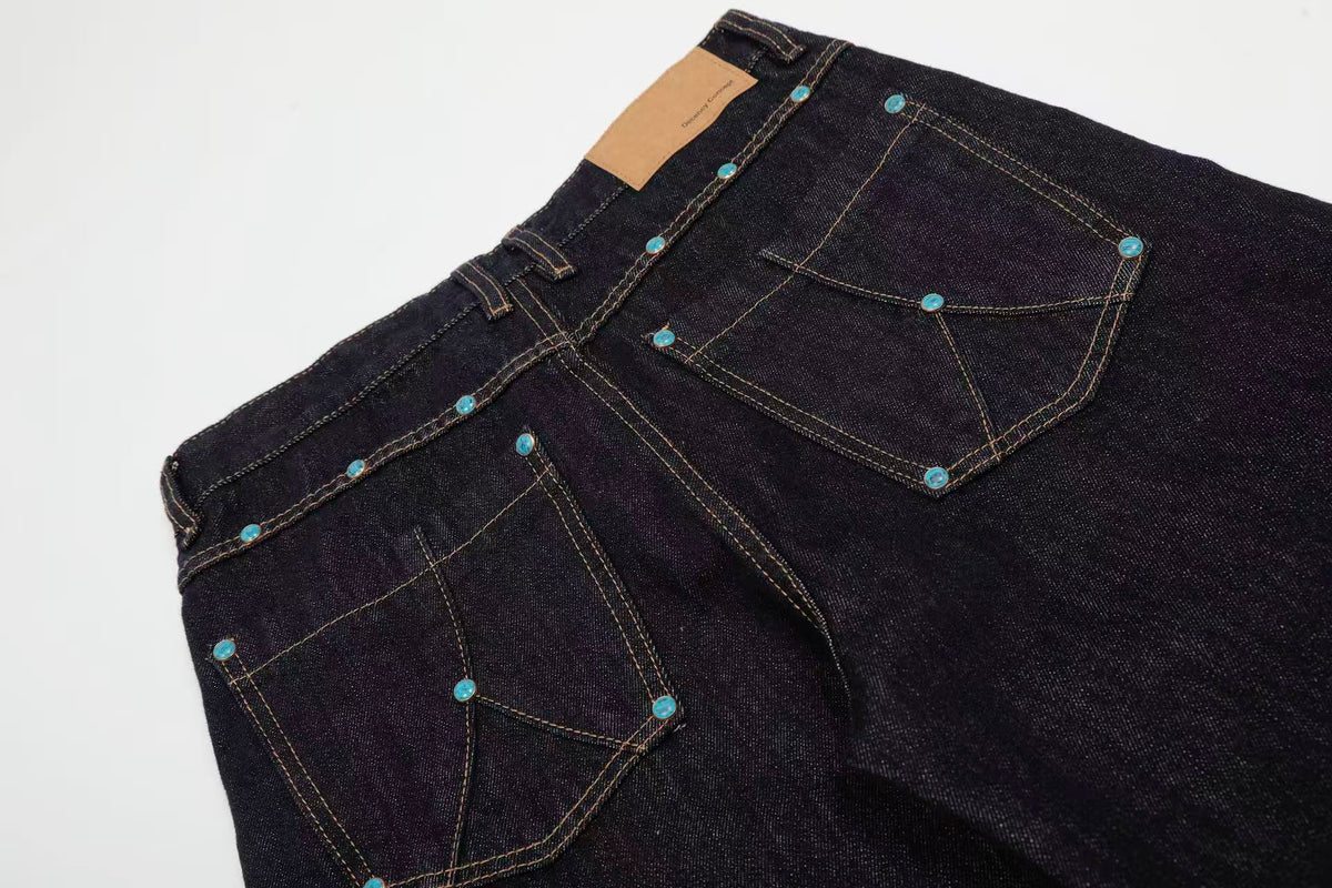 Turquoise-Stud Wide-Leg Baggy Jeans - OMYGOODS