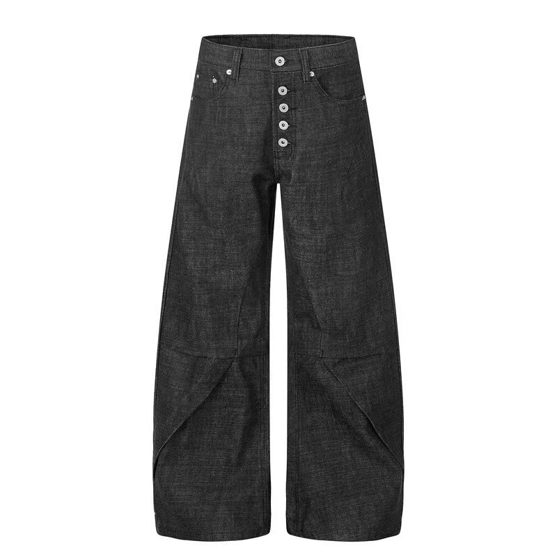 Raw Black Denim Multi-Button Wide-Leg Baggy Jeans - OMYGOODS