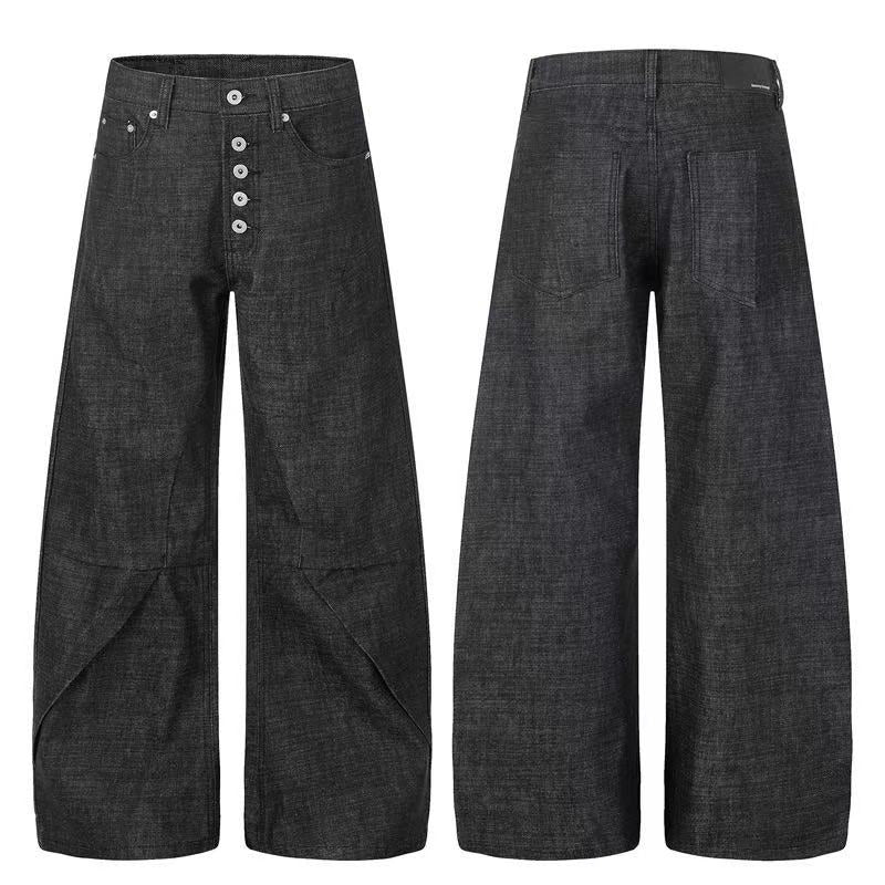Raw Black Denim Multi-Button Wide-Leg Baggy Jeans - OMYGOODS