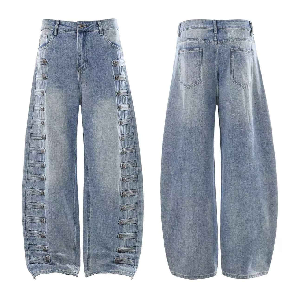 Light-Wash Side Multi-Strap Baggy Jeans