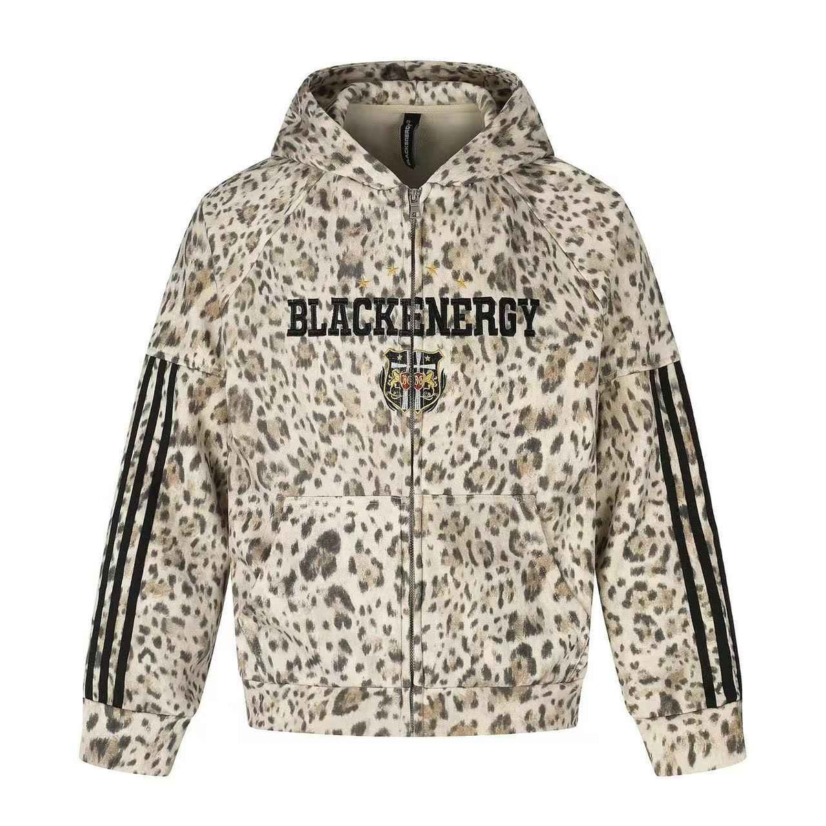 Leopard Print 3-Striped Zip-Up Hoodie