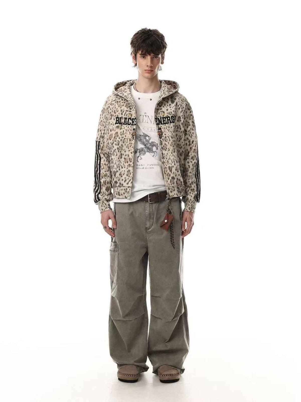 Leopard Print 3-Striped Zip-Up Hoodie