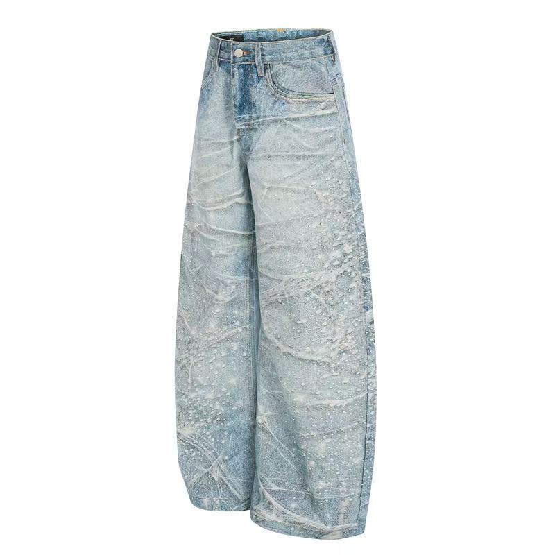 Textured Crackle Wash Rhinestone Baggy Jeans - OMYGOODS