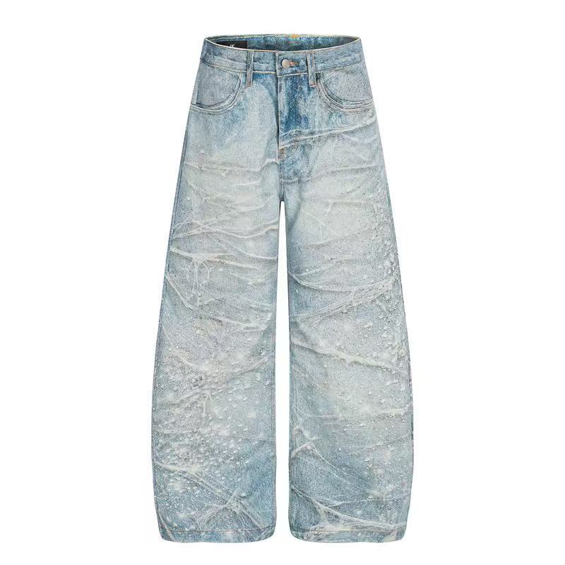 Textured Crackle Wash Rhinestone Baggy Jeans - OMYGOODS