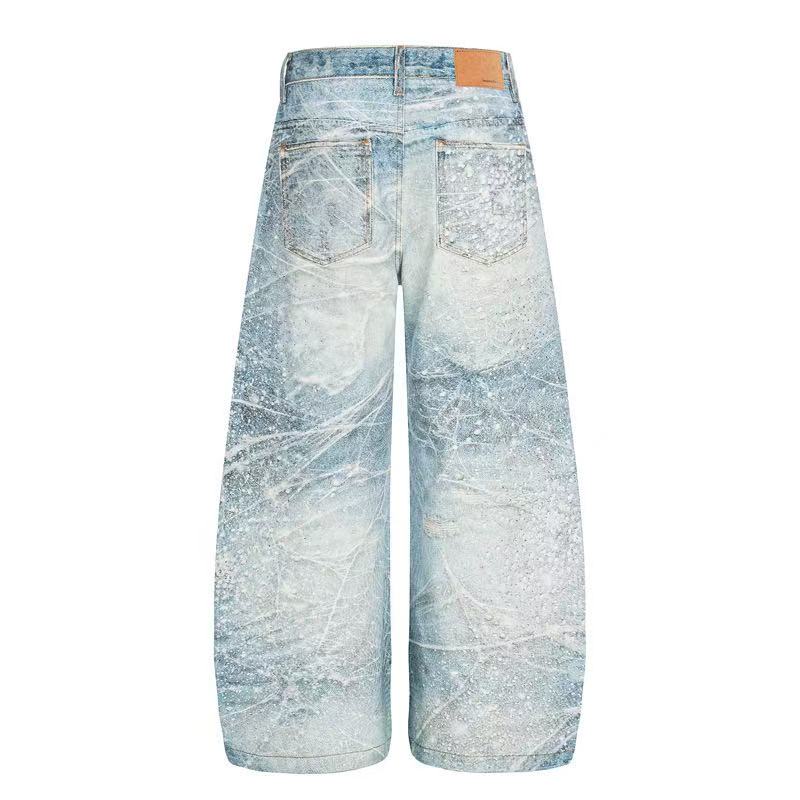 Textured Crackle Wash Rhinestone Baggy Jeans - OMYGOODS