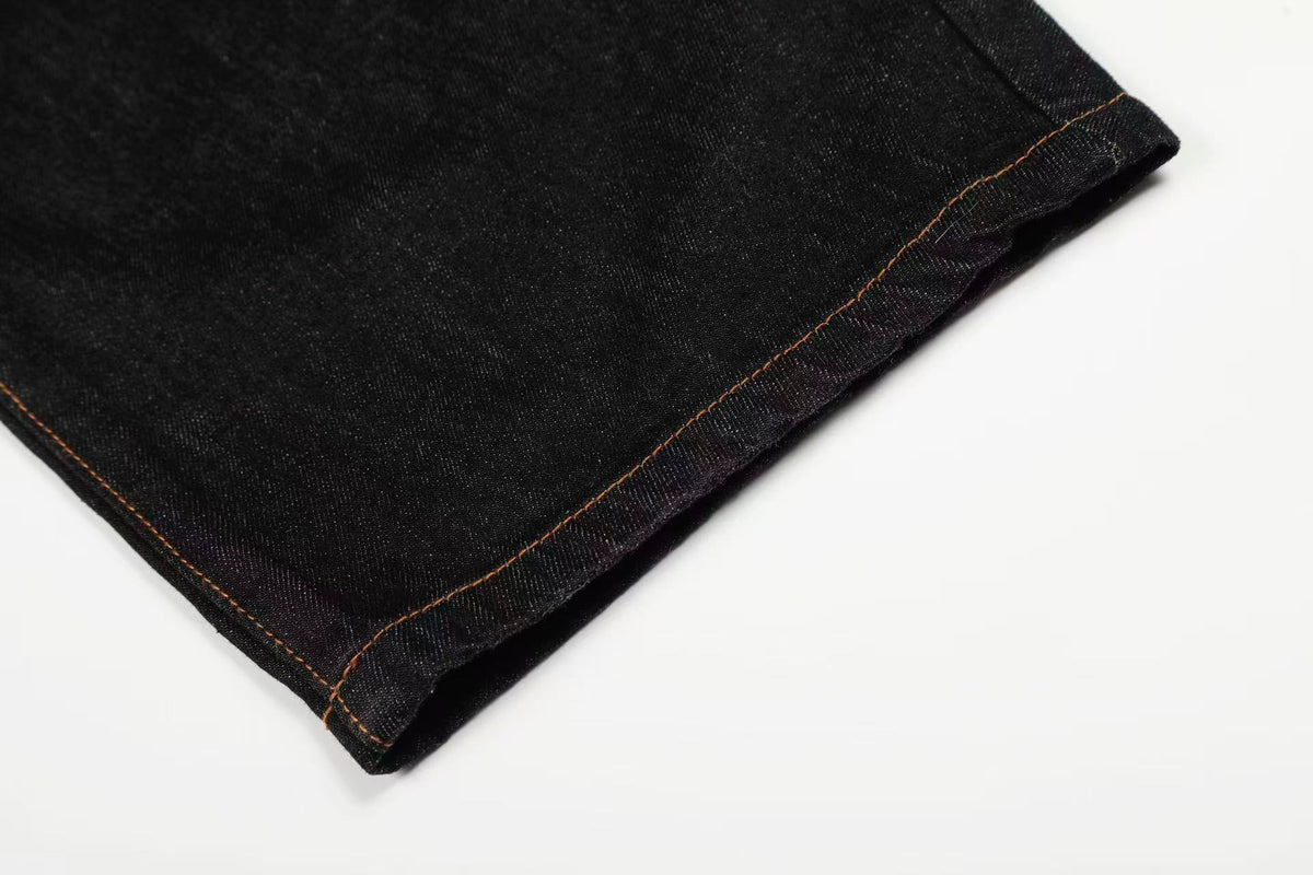 Contrast Stitch Raw Black Baggy Jeans - OMYGOODS