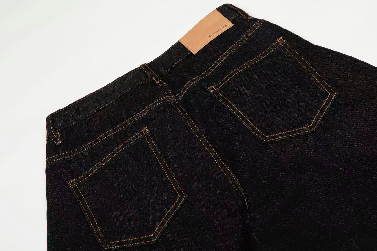 Contrast Stitch Raw Black Baggy Jeans - OMYGOODS