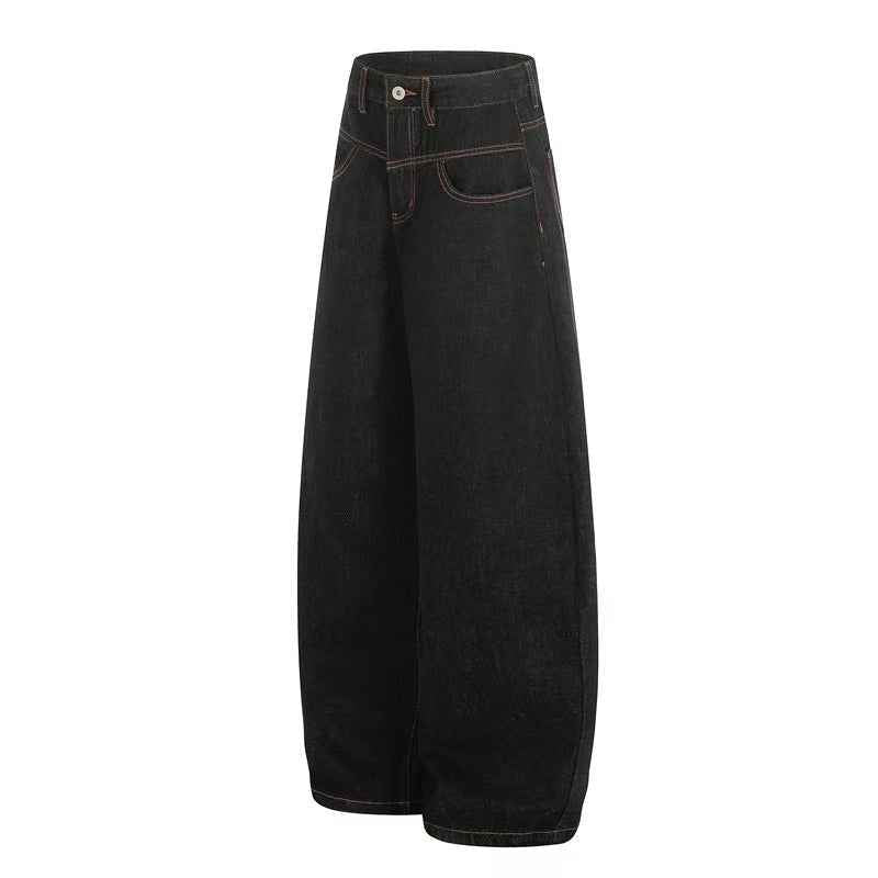 Contrast Stitch Raw Black Baggy Jeans