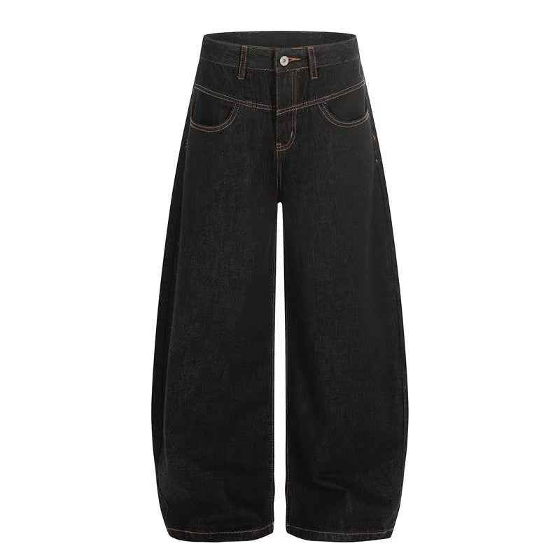 Contrast Stitch Raw Black Baggy Jeans