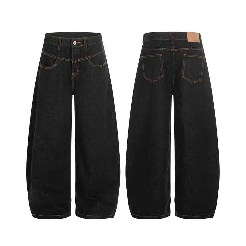 Contrast Stitch Raw Black Baggy Jeans