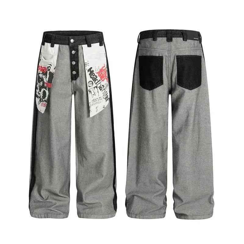 Deconstructed Reverse Wear Graphic Patch Wide-Leg Jeans