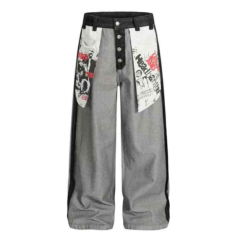 Deconstructed Reverse Wear Graphic Patch Wide-Leg Jeans