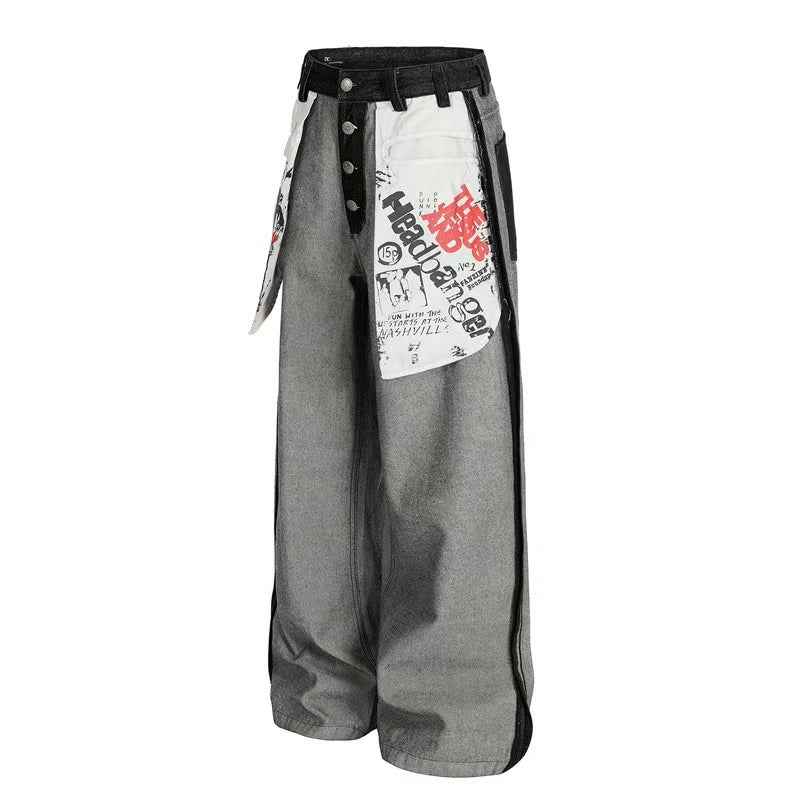Deconstructed Reverse Wear Graphic Patch Wide-Leg Jeans